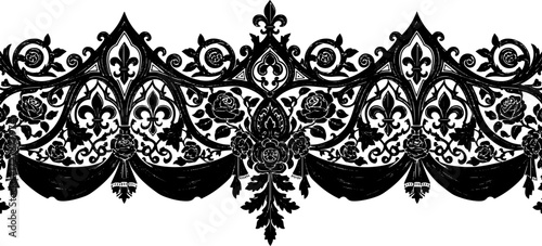 Elegant black gothic floral border design with roses and fleur de lis motifs, evoking vintage luxury silhouette and cutout removed background