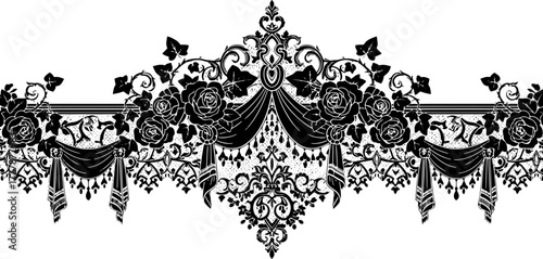 Elegant black lace rose border design adds vintage charm and sophisticated detail to any project silhouette and cutout removed background