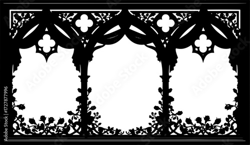 Intricate gothic black ornate frame with roses and arches offers elegant vintage design elements silhouette and cutout removed background