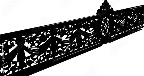 Exquisite black ornate railing with floral carvings adds elegant architectural detail to any design project. silhouette and cutout removed background