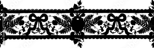 Elegant black lace choker with roses and bows, gothic Victorian jewelry, luxurious accessory silhouette and cutout removed background