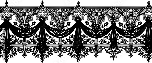 Elegant Gothic black and white floral border with drapery and roses silhouette and cutout removed background