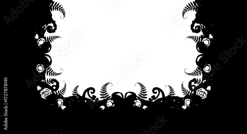 Elegant black lace border with delicate pink roses and ferns creates a vintage, romantic frame for your designs. silhouette and cutout removed background