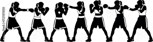Female Boxer Silhouette Sequence Showing Punching Techniques, Defensive Stances, Athletic Movements for Training, Fitness, Martial Arts, and Sports Education