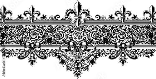 Elegant vintage ornamental border design with roses fleur de lis and bows for luxurious invitations silhouette and cutout removed background