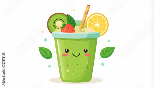 A delightful illustration of a vibrant green smoothie decorated with fresh fruits, garnished with leaves and a straw, perfect for healthy lifestyle and refreshment