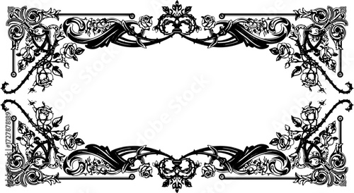 Elegant vintage floral frame with roses and ornate scrollwork, perfect for invitations and design silhouette and cutout removed background