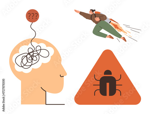 Tangled thoughts in a head, a bug warning sign, and a person flying with a rocket. Ideal for innovation, problem-solving, creativity, troubleshooting, mental clarity, critical thinking simple flat