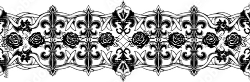 Elegant black and white ornate damask border with roses and fleur de lis motifs silhouette and cutout removed background