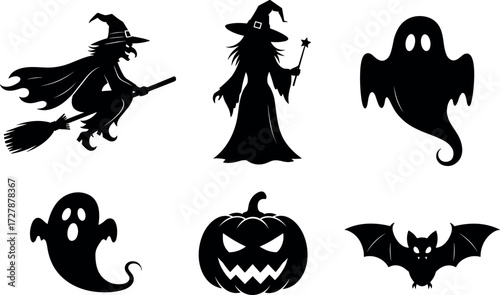 Halloween silhouettes of witch, ghost, pumpkin, and bat icons for spooky party decor, scary design, and festive vector art
