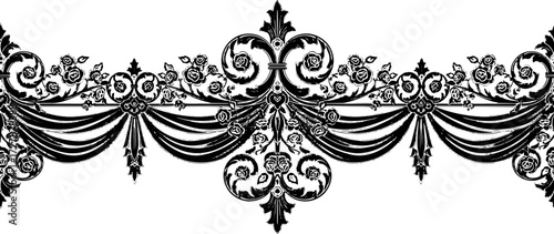 Elegant vintage floral border with ornate scrollwork and cascading ribbons, perfect for luxury invitations. silhouette and cutout removed background