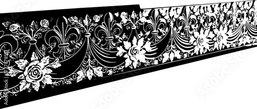 Elegant black and gold ornate decorative border with roses and fleur de lis motifs silhouette and cutout removed background
