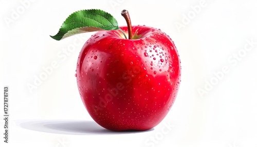 Vibrant Red Apple with Water Droplets on White Background