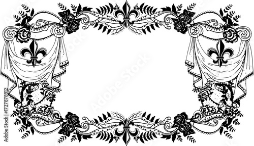 Elegant black and white floral frame with fleur-de-lis and lace details for invitations silhouette and cutout removed background