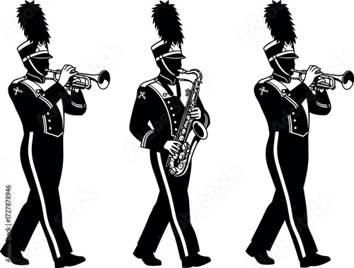Marching band musicians in colorful uniforms playing trumpet and saxophone parade vector illustration for music, festival, and performance themes