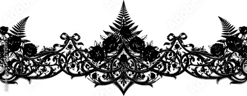 Elegant gothic floral border with red black roses ferns and ornate scrollwork for design silhouette and cutout removed background