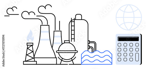 Factory buildings with smokestacks, gas flare, water waves, calculator, global icon. Ideal for sustainability, energy management, emissions control, industrial efficiency environmental impact
