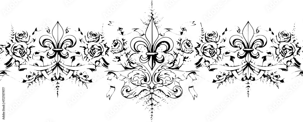 Fototapeta premium Elegant fleur-de-lis and rose border design with flowing ribbons and delicate foliage silhouette and cutout removed background