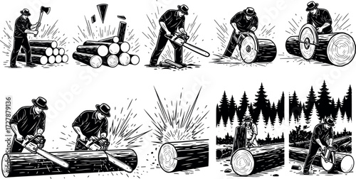 Lumberjack Cutting Wood with Axe and Chainsaw in Forest – Step-by-Step Black and White Vector Illustration for Logging Concept