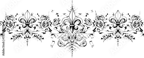 Elegant fleur-de-lis and rose border design with flowing ribbons and delicate foliage silhouette and cutout removed background