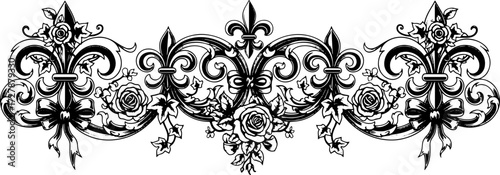 Elegant vintage floral border design with fleur de lis and roses, perfect for invitations and luxury branding silhouette and cutout removed background