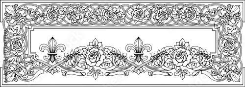 Elegant vintage floral border design with roses and fleur de lis for invitations and decorative accents silhouette and cutout removed background