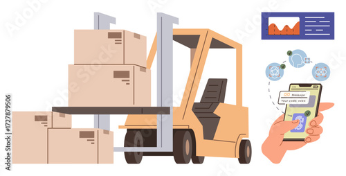Forklift carrying stacked boxes, mobile interface showing delivery tracking, and statistical dashboard. Ideal for logistics, inventory management, supply chain, technology, e-commerce, efficiency