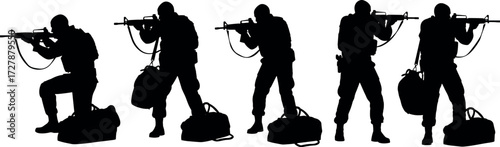Military soldier silhouettes with rifles, tactical gear, duffel bags, combat stances, army readiness, battlefield posture, war preparation, defense force illustration