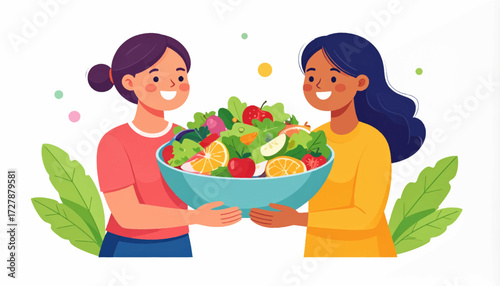 Two cheerful women sharing a large, vibrant bowl of fresh, healthy salad, symbolizing friendship, healthy eating habits, and a joyful, wholesome lifestyle