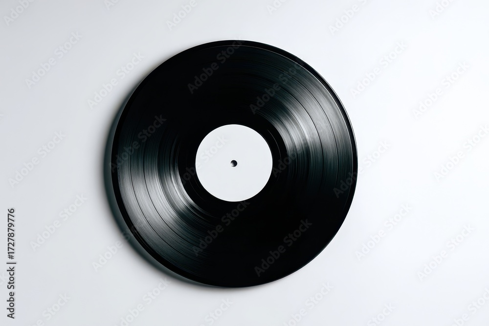 Obraz premium Retro Black Vinyl LP Record with Blank White Label, Top View on Clean Background.