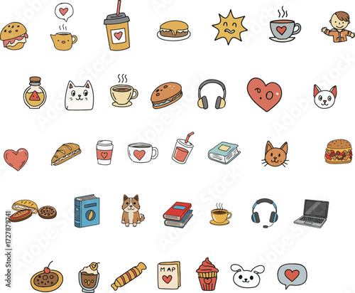 A collection of cute doodles representing various enjoyable elements of daily life, including food, drinks, hobbies, and pets