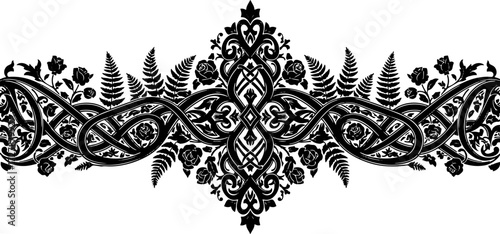 Elegant black ornamental floral border with intricate knotwork and blooming roses for sophisticated designs silhouette and cutout removed background