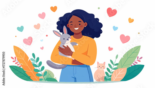 Happy woman lovingly holds pet rabbit, surrounded by hearts and leaves, illustrating joy and bond of pet ownership and animal care, with a friendly cat nearby