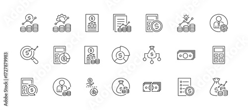 Financial Management icon set containing financial, management, report, statement, expense, strategy, manager, analysis and budget vector icons