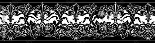 Elegant black and white ornate border with roses and fleur de lis for luxurious design projects silhouette and cutout removed background
