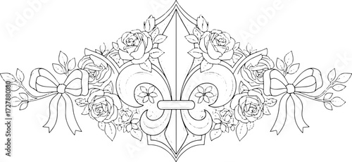 Elegant ornate fleur de lis with roses and bows, perfect for vintage wedding invitations or decorative borders. silhouette and cutout removed background