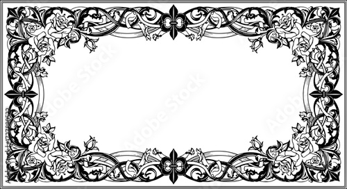Elegant floral scrollwork border with roses, perfect for invitations and vintage designs silhouette and cutout removed background