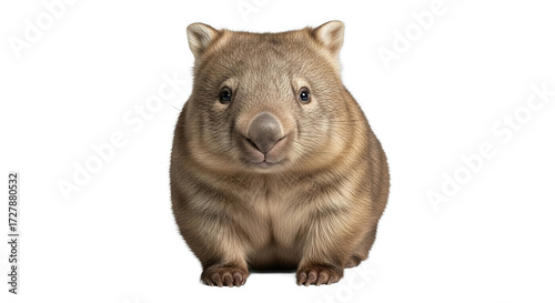 A wombat stands facing forward isolated on a white background.