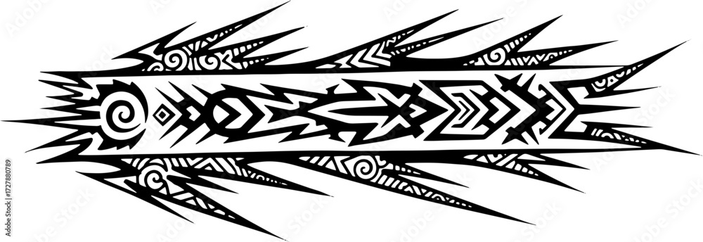 Fototapeta premium Bold tribal tattoo design with sharp geometric patterns and swirling motifs, perfect for edgy apparel silhouette and cutout removed background
