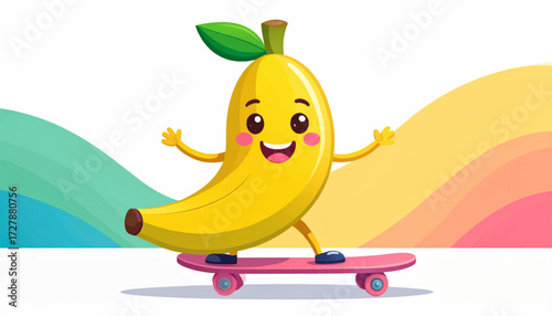 A vibrant and cheerful cartoon banana character joyfully rides a pink skateboard, embodying a playful spirit and healthy, active lifestyle with a wide, happy smile