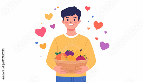 Healthy Lifestyle Man with Basket of Fresh Fruits Surrounded by Hearts