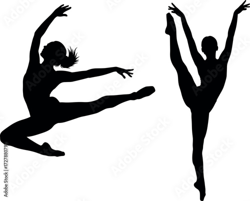 Silhouette dancers performing elegant ballet and contemporary jumps, showcasing flexibility, grace, and artistic movement in dramatic airborne dance poses.