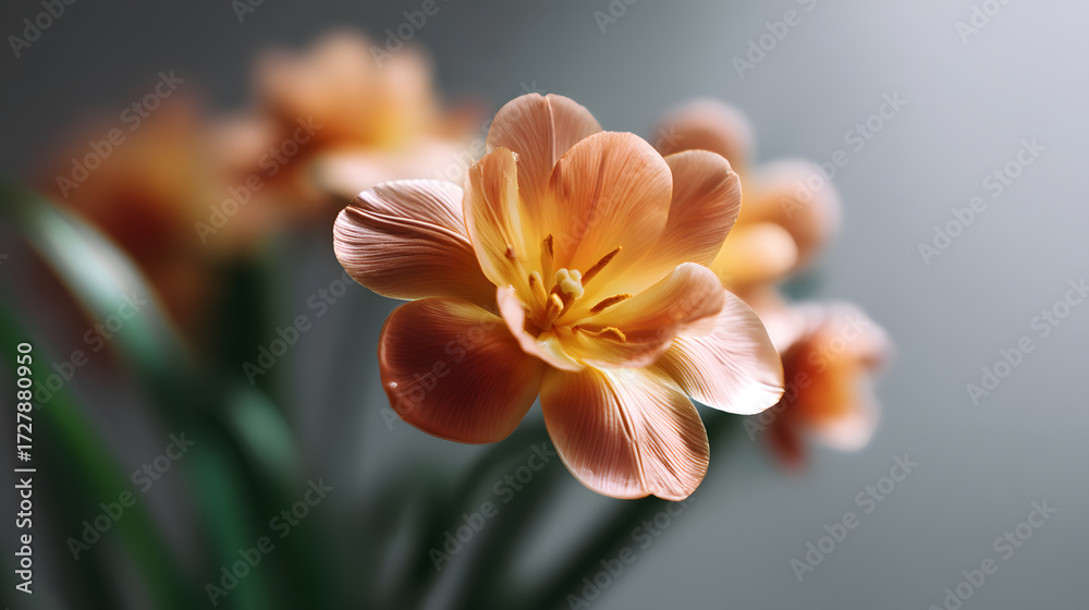 Fototapeta premium Orange Tulip Blossom: A captivating close-up showcases the delicate beauty of an orange tulip flower, its soft petals radiating warmth and vibrancy, bringing forth a sense of gentle serenity.