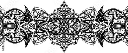 Intricate Celtic knotwork seamlessly blends with delicate floral and fern elements creating a timeless, elegant design. silhouette and cutout removed background