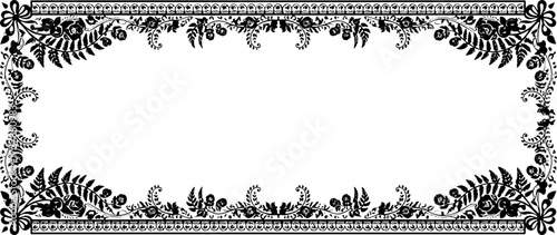 Elegant black floral border design with intricate scrolling leaves and roses, perfect for invitations or decorative framing. silhouette and cutout removed background