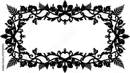 Elegant black lace and rose ornate frame design for luxurious invitations or decorative projects silhouette and cutout removed background