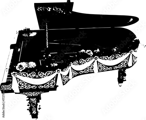Elegant grand piano adorned with delicate pink roses and white drapery, perfect for events. silhouette and cutout removed background