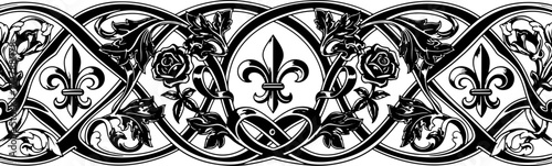 Elegant black and white vintage floral border design with fleur-de-lis and roses silhouette and cutout removed background