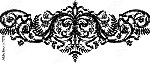 Intricate black floral scrollwork with roses and ferns, elegant vintage decorative element for design silhouette and cutout removed background