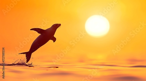 Dolphin leaps gracefully out of the ocean at sunset with a bright orange sky